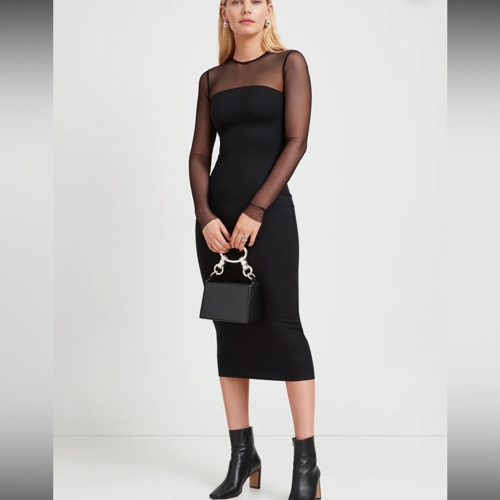 Elegant Black Mesh Sleeve Midi Dress